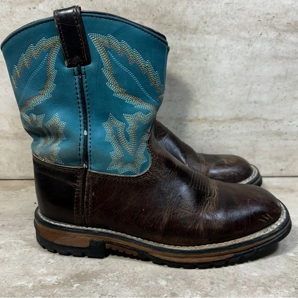 Rocky Kids Western Boots Brown Leather Teal Blue Stitched Square Toe Pull‎ On